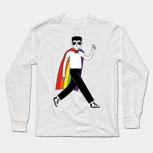 A man with a rainbow gay parade flag on his shoulders Long Sleeve T-Shirt